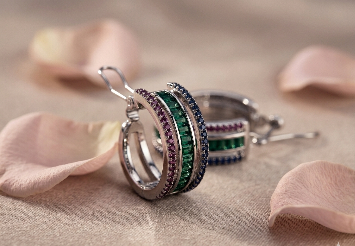 The Iris Mosaic Tricolor Gemstone Triple-Row Hoops-Platinum Finish