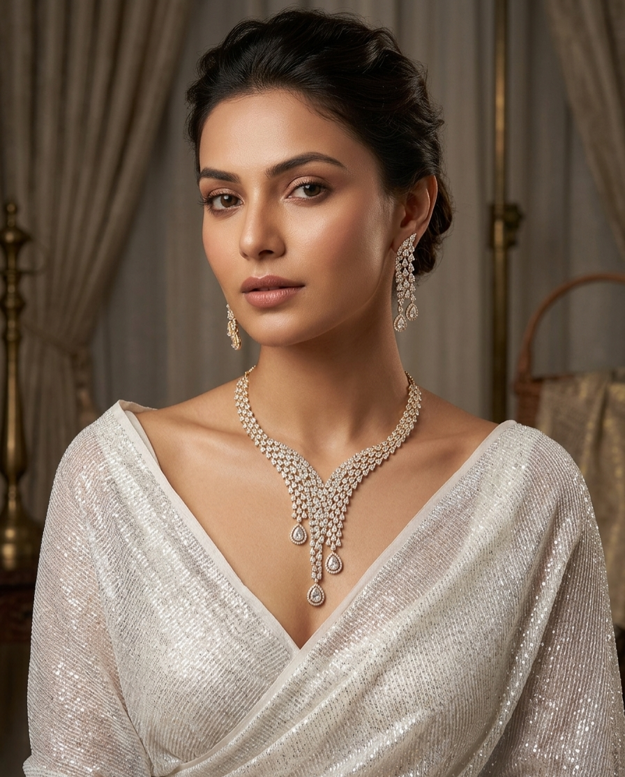 Plunging Multi-Row Asymmetric Diamond Look Statement Zirconia Set-Gold Finish