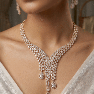 Plunging Multi-Row Asymmetric Diamond Look Statement Zirconia Set-Gold Finish