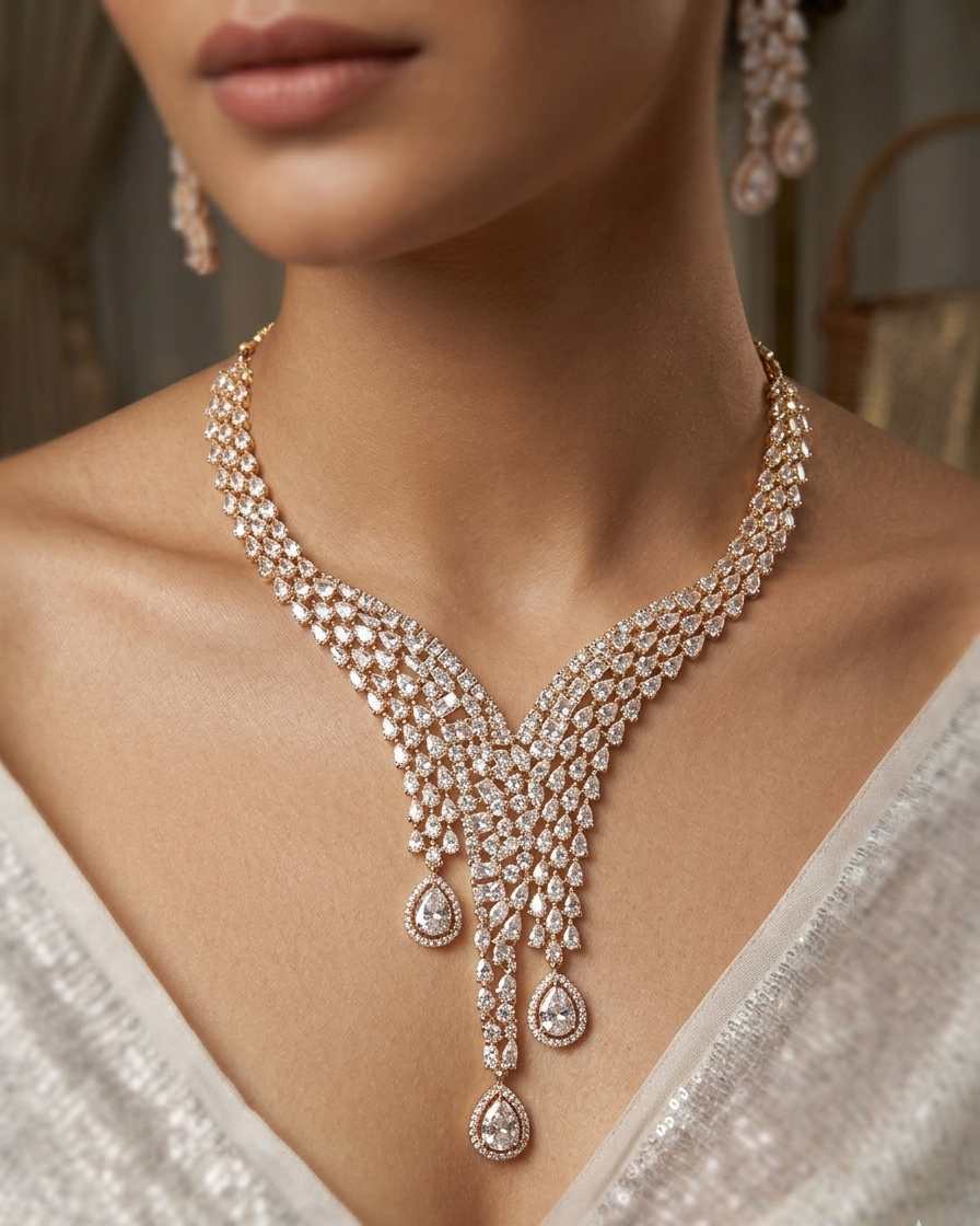 Plunging Multi-Row Asymmetric Diamond Look Statement Zirconia Set-Gold Finish - Image 2