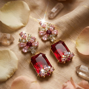 The Crimson Bloom Emerald-Cut Ruby And Pink Drop Earrings-Gold Finish