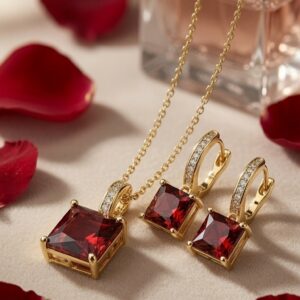 The Velvet Amara Geometric Square Red Spinel Pendant Set With Hoops-Gold Finish