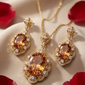 Faceted Honey Quartz Scalloped Halo Pendant Set-Gold Finish