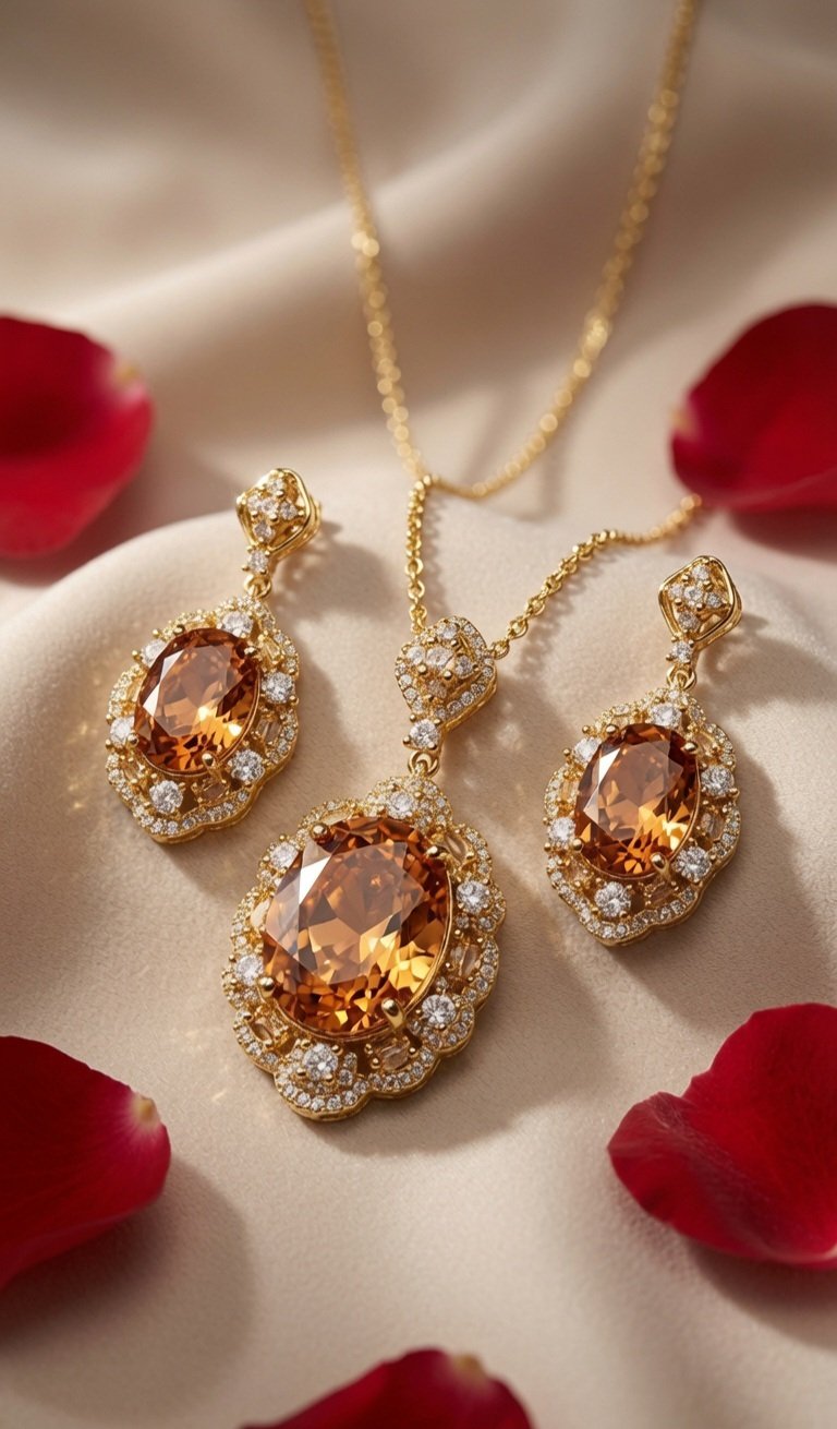 Faceted Honey Quartz Scalloped Halo Pendant Set-Gold Finish