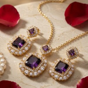 Sovereign Plum Double Halo Diamond And Purple Quartz Pendant Set-Gold Finish
