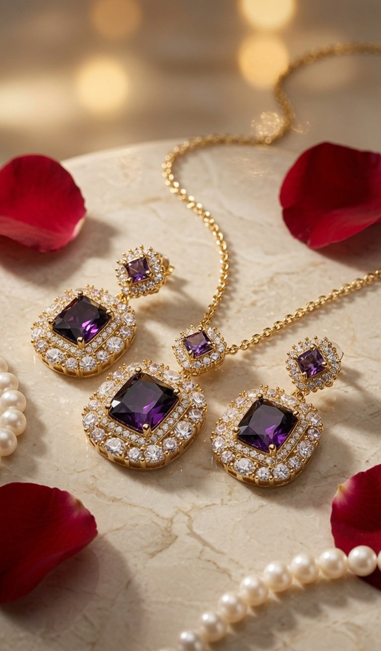 Sovereign Plum Double Halo Diamond And Purple Quartz Pendant Set-Gold Finish