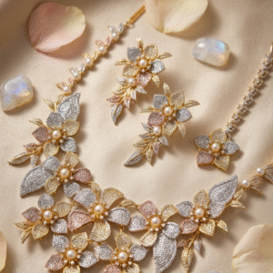 Elowen Regal Tri-Tone Floral Mixed Blossom Pearl Bridal Choker Set-Gold Finish