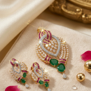 The Royal Trousseau Peacock Luxury Channel-Set Ruby And Emerald Pendant Set-Gold Finish