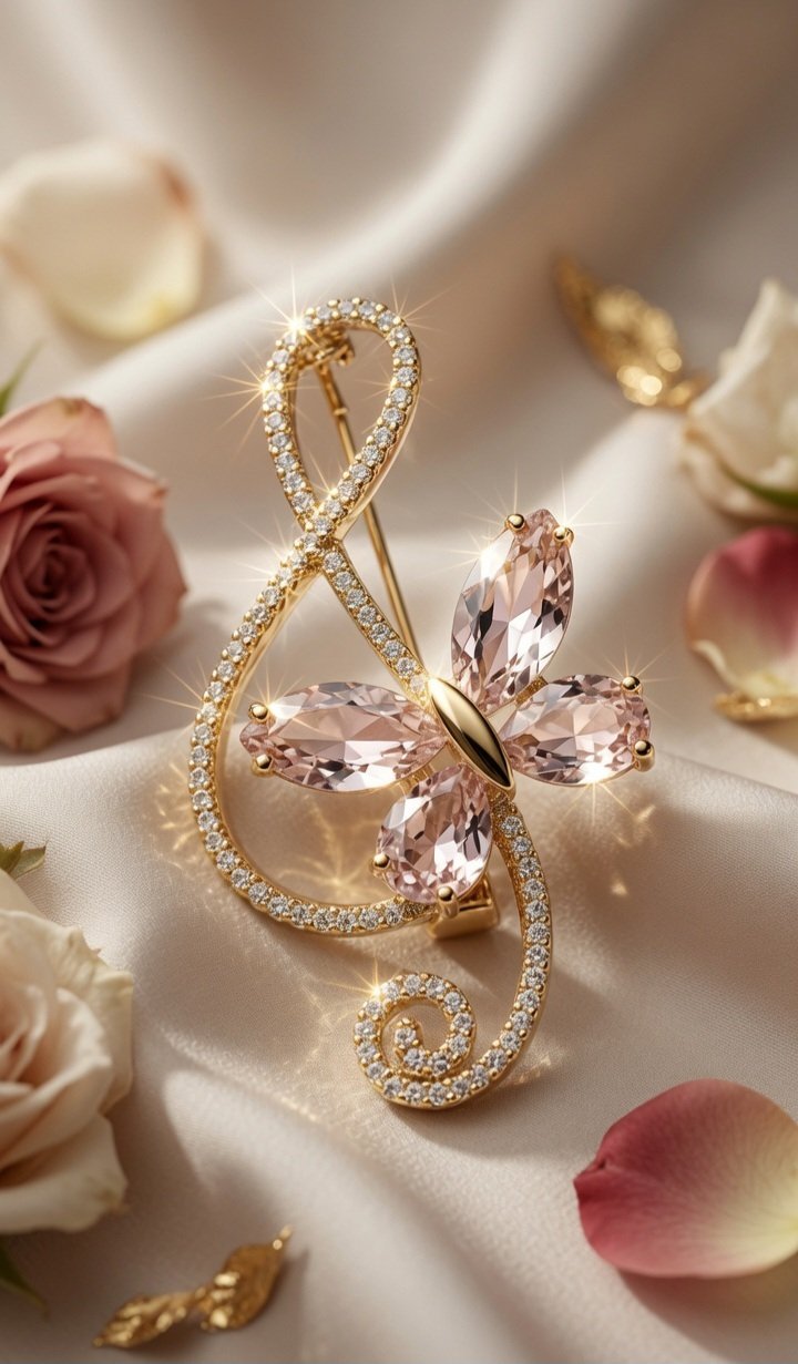 The Sonata Butterfly Symphony In Pink Morganite Brooch-Gold Finish
