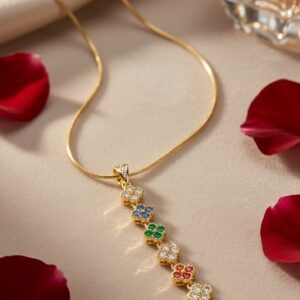 Chroma Multi-Gemstone Linear Flower Pendant Chain-Gold Finish