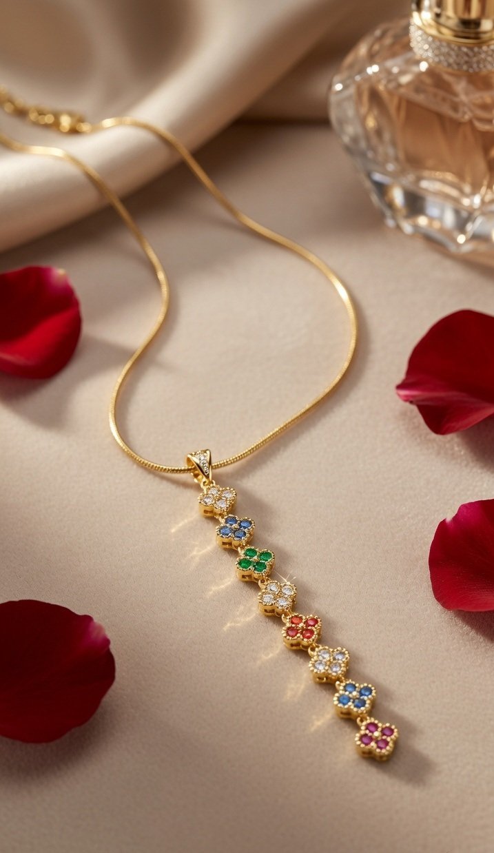 Chroma Multi-Gemstone Linear Flower Pendant Chain-Gold Finish