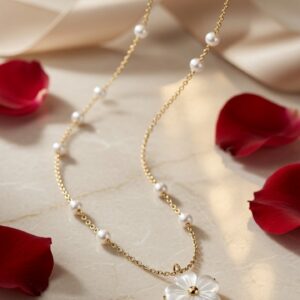 The Genevieve Carved Mother of Pearl Floral Pendant Chain-Gold Finish