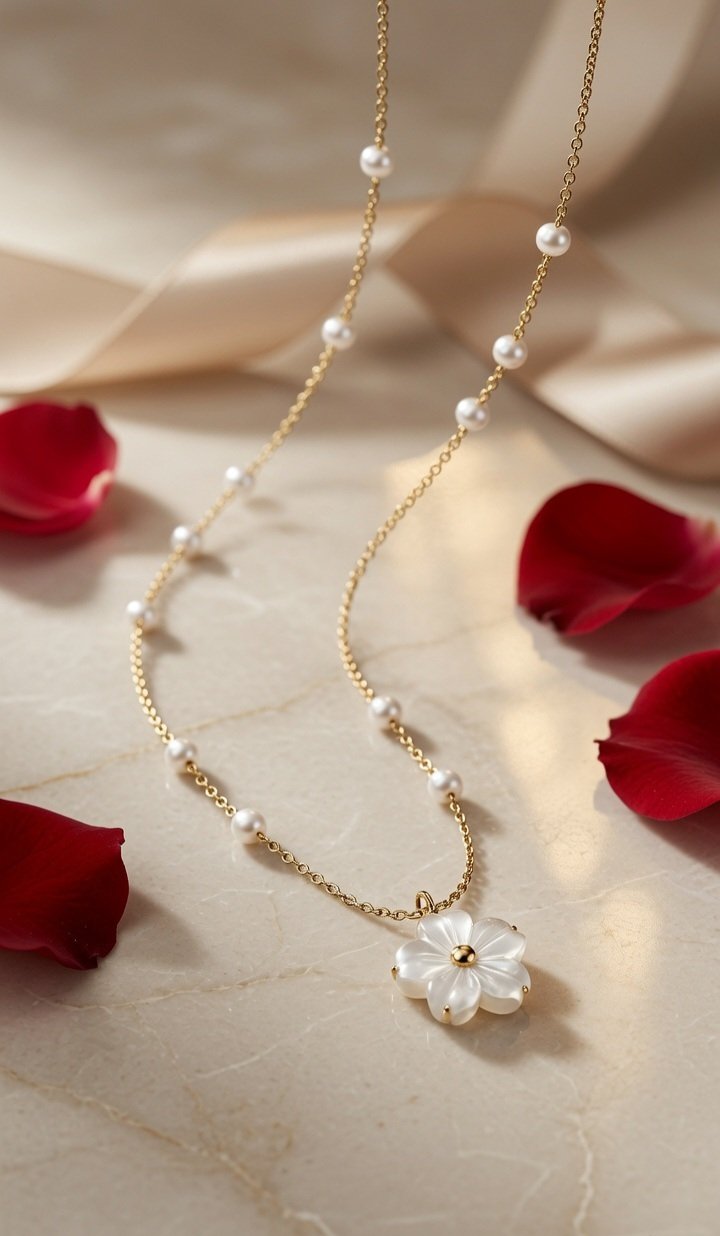 The Genevieve Carved Mother of Pearl Floral Pendant Chain-Gold Finish