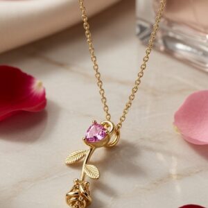 The Rosamund Pink Sapphire Rose Stem Pendant Necklace-Gold Finish