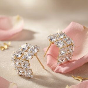 Alexandria Mosaic Grid Princess-Cut Crescent Earrings-Gold Finish