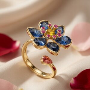 Seraphina Multi-Gemstone Indigo Floral Blossom Adjustable Ring-Gold Finish