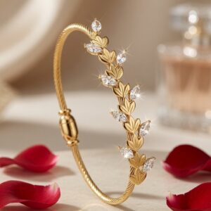 The Flora Marquise Textured Leaf Kada Bracelet-Gold Finish