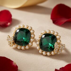Enchanted Forest Cushion-Cut Green Butterfly Studs-Gold Finish