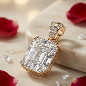 Emerald Cut Diamond-Style Pendant With Pavè Pendant-Gold Finish