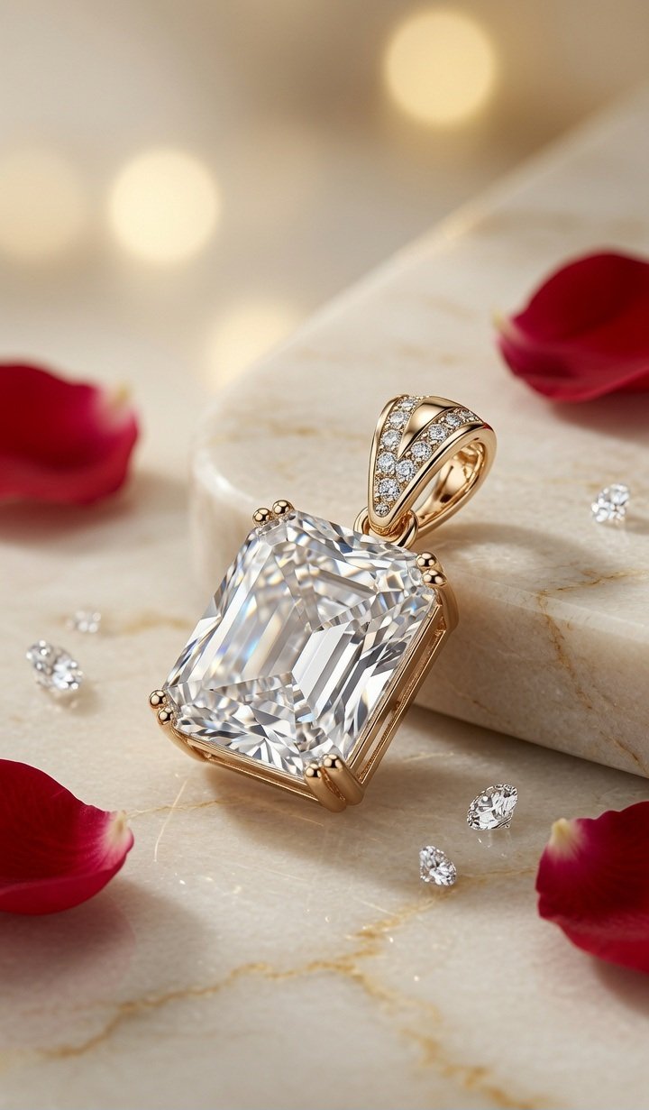 Emerald Cut Diamond-Style Pendant With Pavè Pendant-Gold Finish
