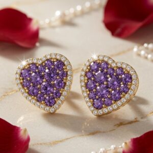The Velvet Pave Amethyst Heart Halo Miniature Studs-Gold Finish