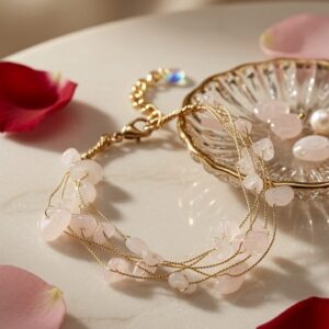 Blush Petal Raw Rose Quartz Wire Bracelet-Gold Finish