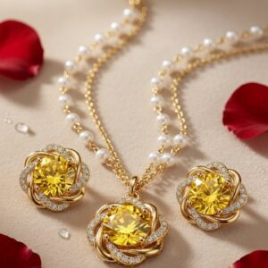 Aurelia Swirl Citrine And Pearl Layered Pendant Set-Gold Finish