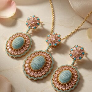Seraphina Rose And Turquoise Halo Medallion Pendant Set-Gold Finish