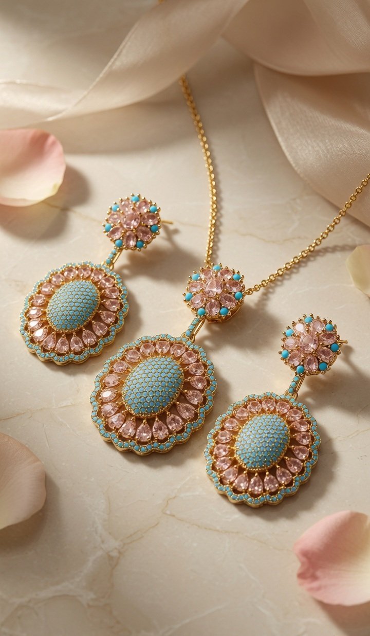Seraphina Rose And Turquoise Halo Medallion Pendant Set-Gold Finish