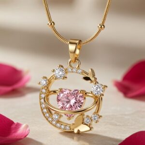 The Celestial Love Pink Heart And Butterfly Orbit Pendant Chain-Gold Finish