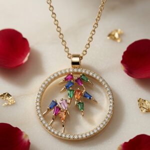 The Prism Halo Geometric Baguette Multi-Gemstone Circle Pendant Set-Gold Finish
