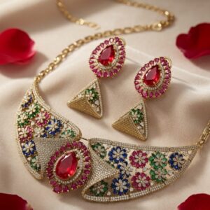 Empress Navratana-Inspired Floral Maharani Filigree Choker Set-Matte Finish