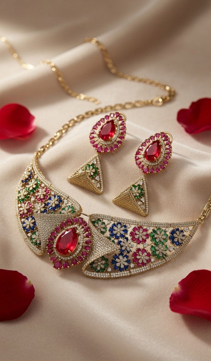 Empress Navratana-Inspired Floral Maharani Filigree Choker Set-Matte Finish