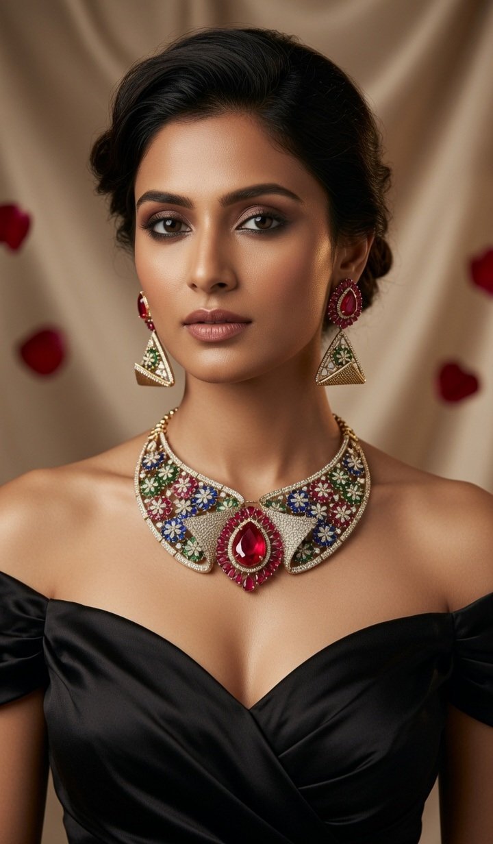 Empress Navratana-Inspired Floral Maharani Filigree Choker Set-Matte Finish - Image 2