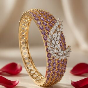 The Amethyst Royal Marquise Feather Cuff Kada Bracelet-Gold Finish