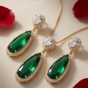 The Sovereign Emerald Tear-Gem Pendant And Drop Earrings-Gold Finish