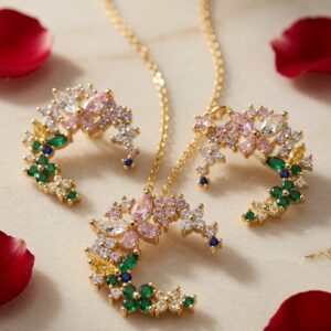 The Celestia Multi-Gemstone Crescent Moon Pendant Set-Gold Finish
