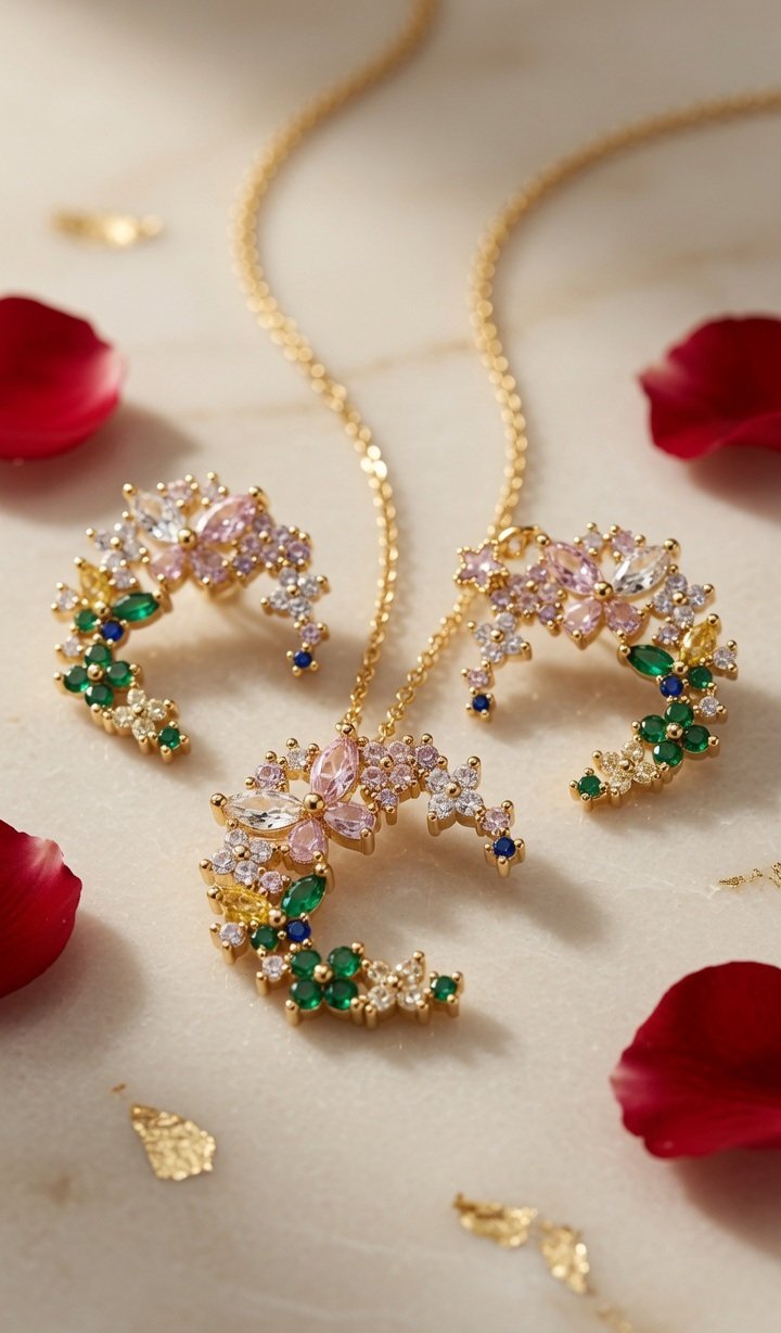 The Celestia Multi-Gemstone Crescent Moon Pendant Set-Gold Finish