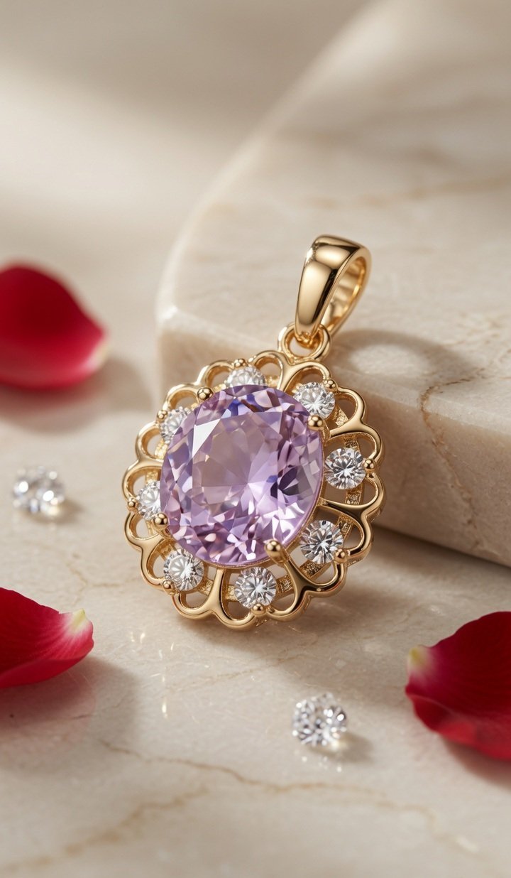 The Violet Empress Filigree Lavender Scalloped Flower Pendant-Gold Finish