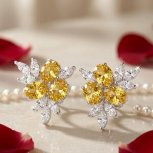 The Solstice Bloom Oval Citrine Cluster Studs-Platinum Finish