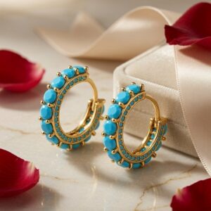 The Reverie Turquoise Bead Accent Small Hoops-Gold Finish