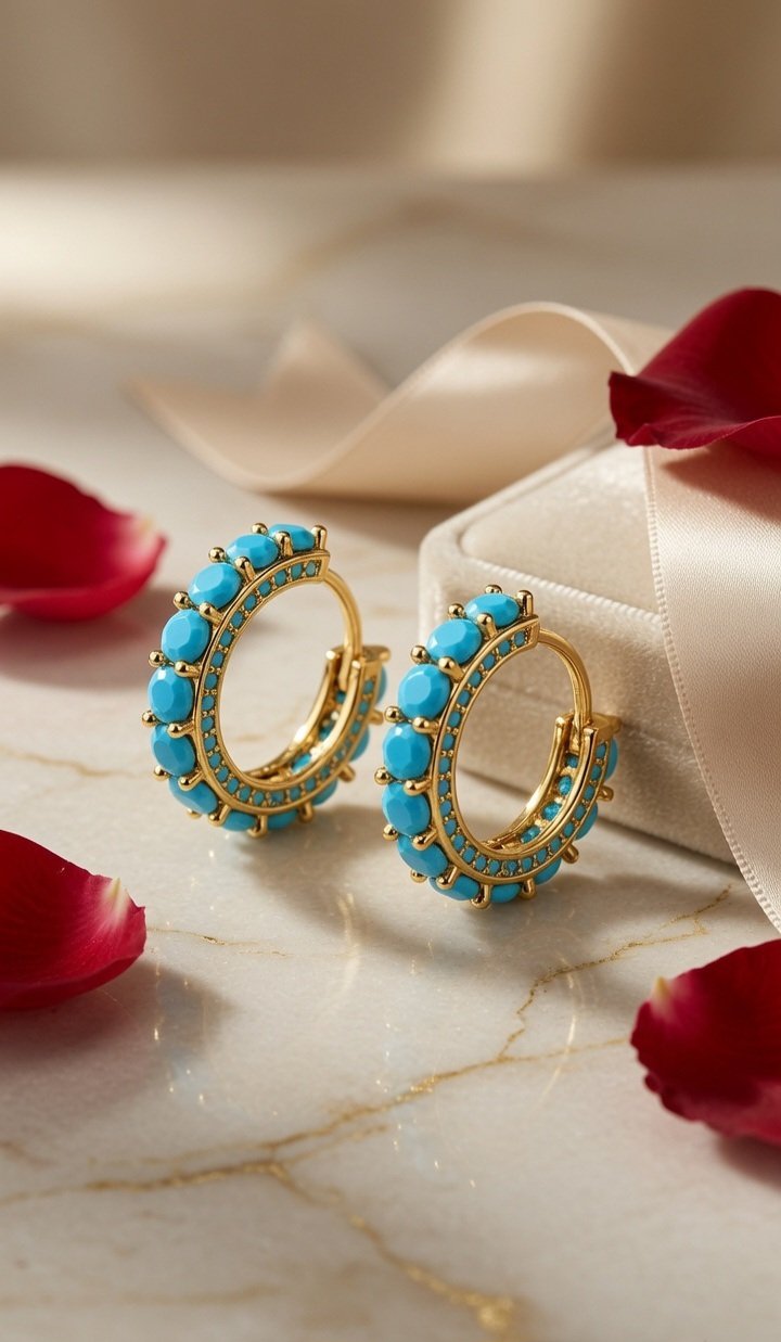 The Reverie Turquoise Bead Accent Small Hoops-Gold Finish