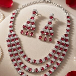 Imperial Three-Layer Scarlet Cascading Drop Ruby And Diamond-Style Necklace Set-Platinum Finish