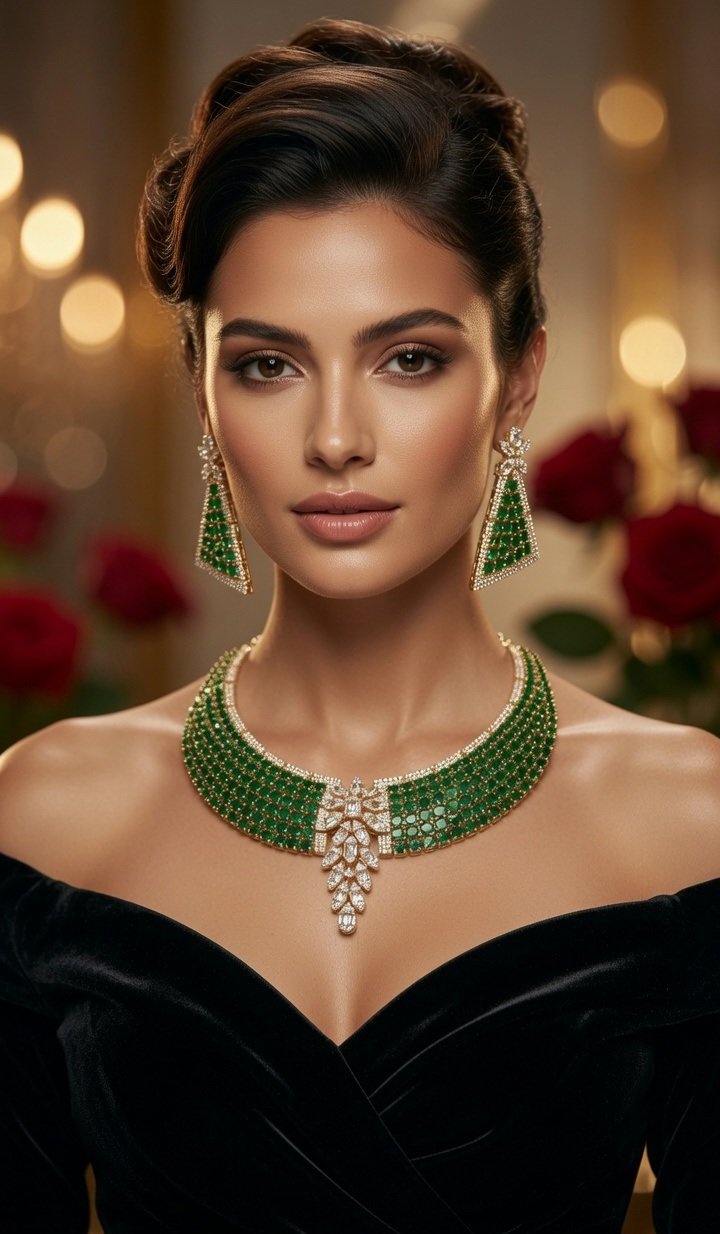 Verdant Geometric Emerald And Baguette Cascade Choker Set-Gold Finish - Image 2