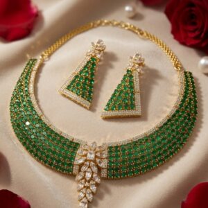 Verdant Geometric Emerald And Baguette Cascade Choker Set-Gold Finish