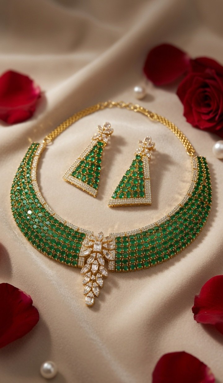 Verdant Geometric Emerald And Baguette Cascade Choker Set-Gold Finish