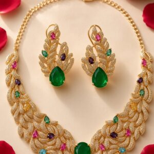 The Majestic Emerald Feather Multi-Gemstone Wing Zirconia Choker Set-Gold Finish