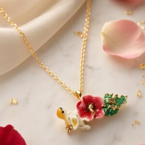 The Enchanted Songbird And Enamel Blossom Pendant Chain-Gold Finish