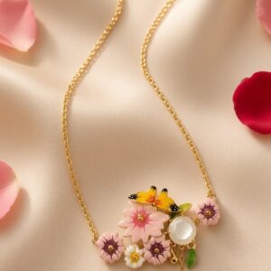 The Printemps Enamel Floral And Butterfly Cluster Pendant Chain-Gold Finish