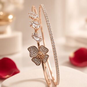 Enchanted Four-Petal Pavè Emerald-Cut Solitaire Open Kada Bracelet-Rose Gold Finish